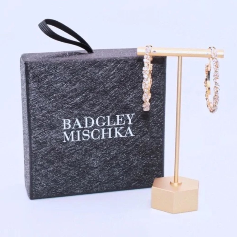 Badgley Mischka Rhinestone & Brass 1-1/2" Hoop Earrings